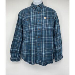 Carhartt Mens Relaxed Fit Blue Plaid Flannel Button-Up Shirt M 100% Cotton Made